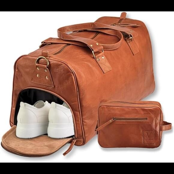 Leather Duffle Bag for Men & Women, 46L Overnight Weekender
